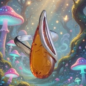 Elegant Sterling Silver Modern Amber Women's Ring Size 6 Vintage Jewelry